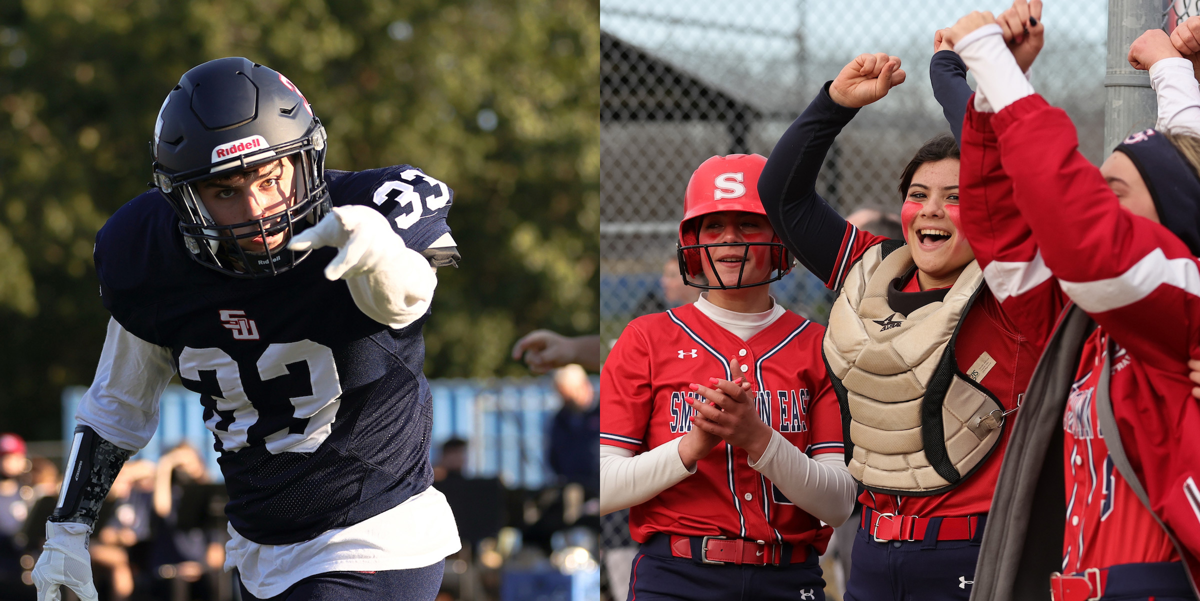 HSW Football Player Pointing at camera (left), HSE softball players cheering