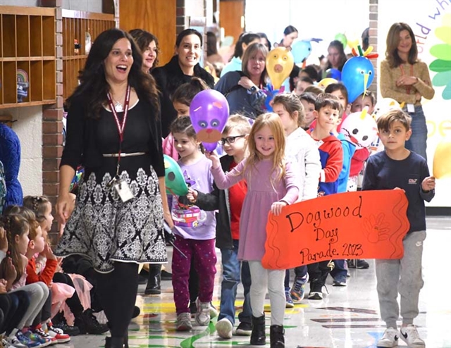 Dogwood students walking down hall in parade