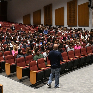 O'Connell speaking to audience