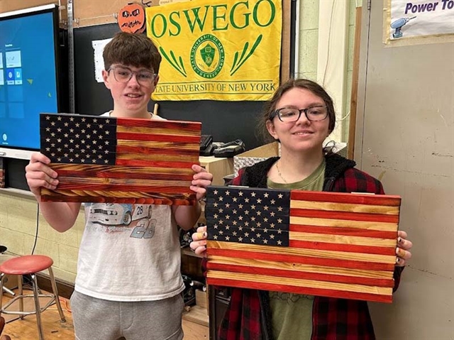 students with american flag projects