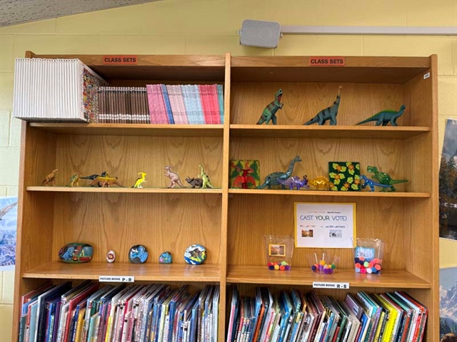 Bookcase with dinosaurs