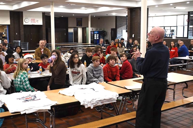 Smithtown Booster Club President Dave Miller addressing the students