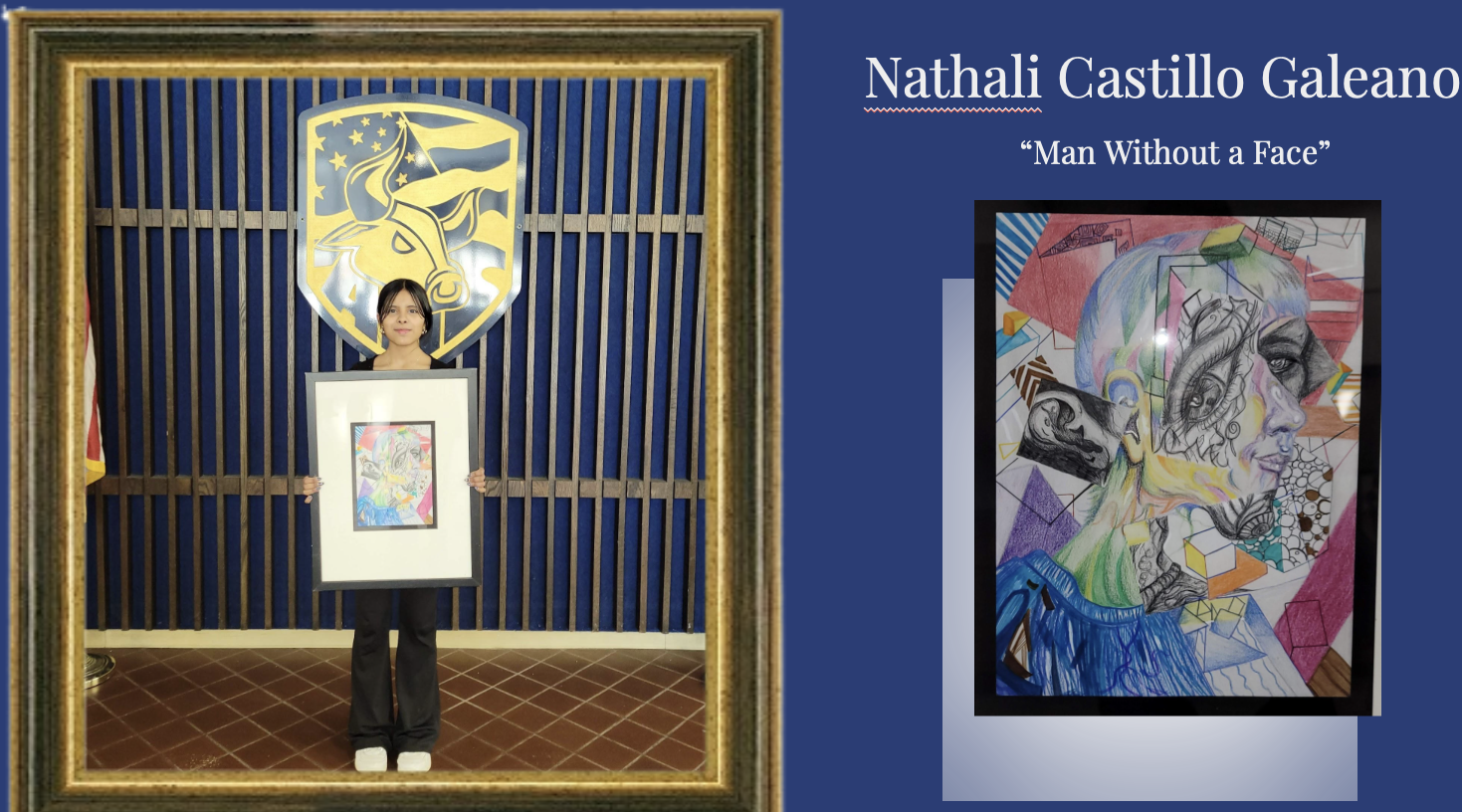 Student holding artwork