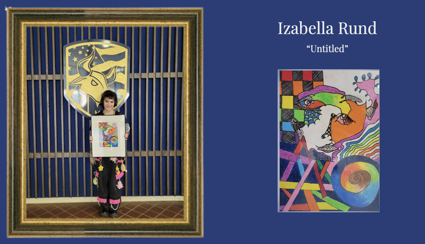 Student holding artwork