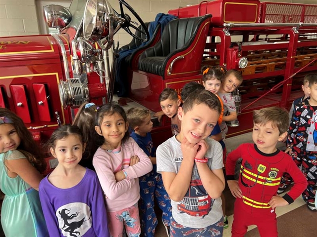 Kindergarten students at fire house