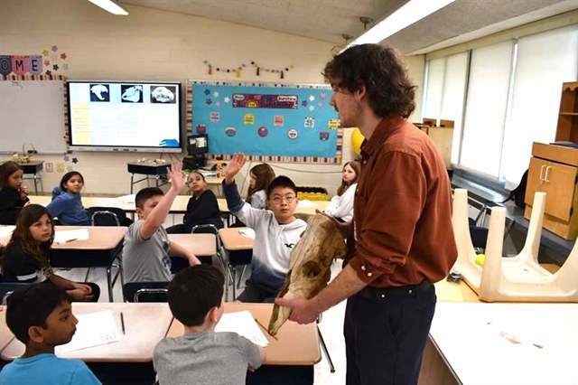 students touching animal bones